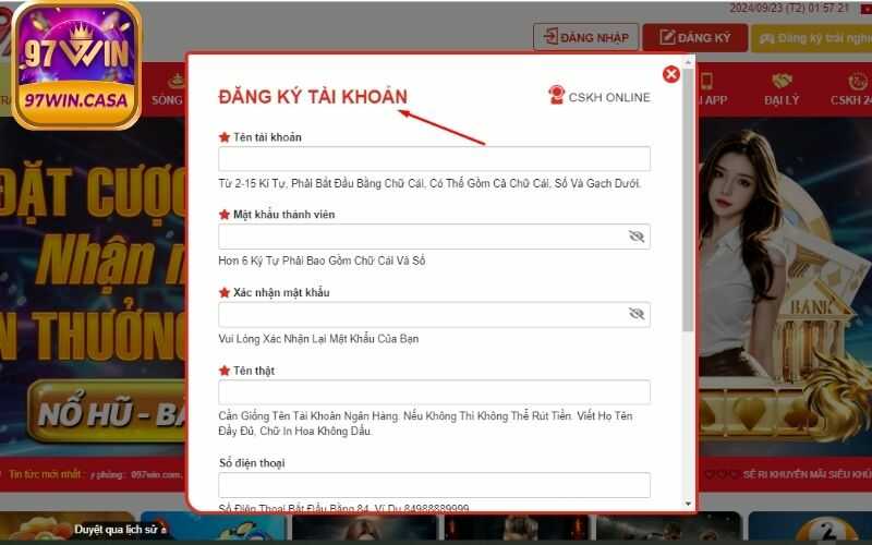 Tham gia đăng ký làm thành viên theo thông tin giới thiệu 97Win